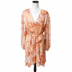 Alex Marie Floral Watercolor Faux Wrap Dress Womens 18 Pink Coral Orange Ruffle